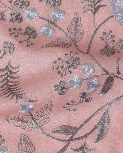 Blush Pink Tussar Silk Fabric with Silver Floral Embroidery - 110 cm Wide - D19614