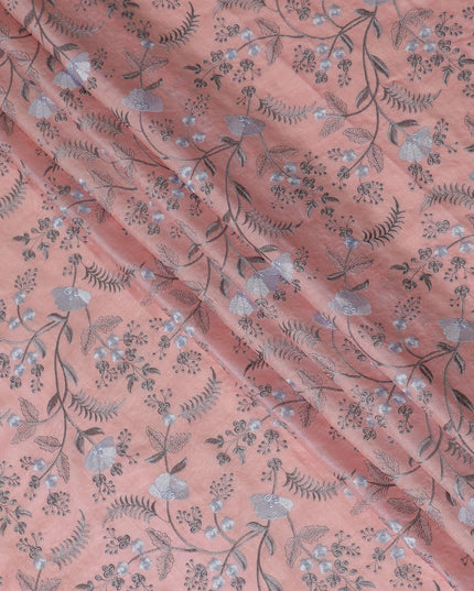 Blush Pink Tussar Silk Fabric with Silver Floral Embroidery - 110 cm Wide - D19614