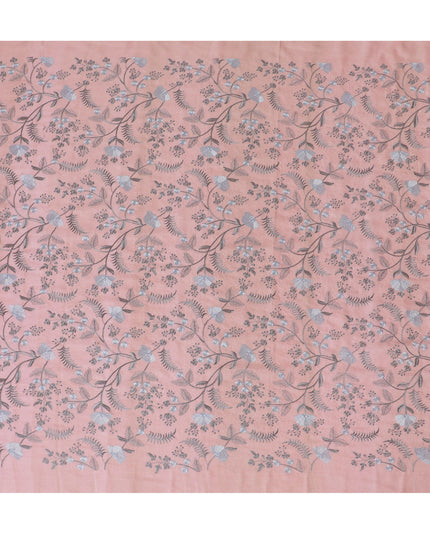 Blush Pink Tussar Silk Fabric with Silver Floral Embroidery - 110 cm Wide - D19614