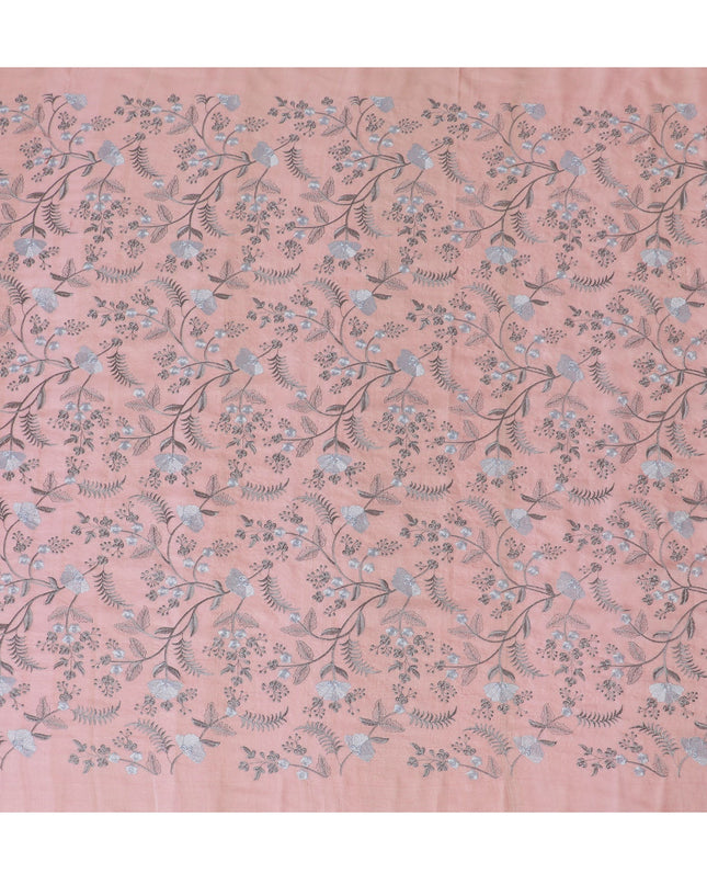 Blush Pink Tussar Silk Fabric with Silver Floral Embroidery - 110 cm Wide - D19614