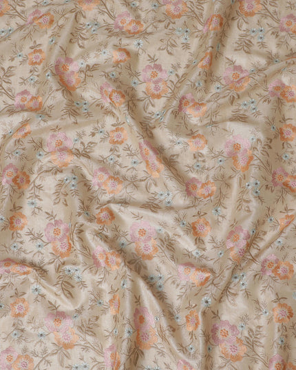 Beige Tussar Silk Fabric with Pastel Floral Embroidery - 110 cm Wide - D19615