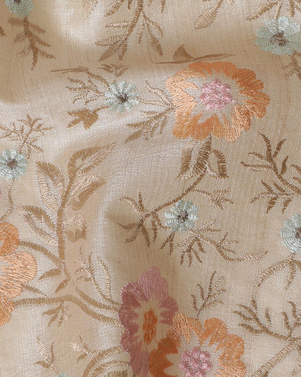 Beige Tussar Silk Fabric with Pastel Floral Embroidery - 110 cm Wide - D19615