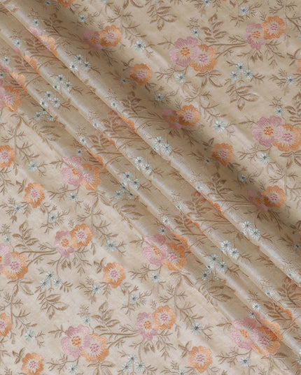 Beige Tussar Silk Fabric with Pastel Floral Embroidery - 110 cm Wide - D19615