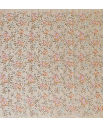 Beige Tussar Silk Fabric with Pastel Floral Embroidery - 110 cm Wide - D19615