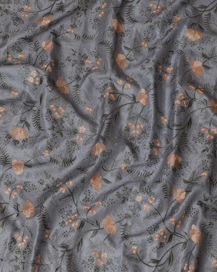 Elegant Grey Tussar Silk Fabric with Floral Embroidery - 110 cm Wide - D19616