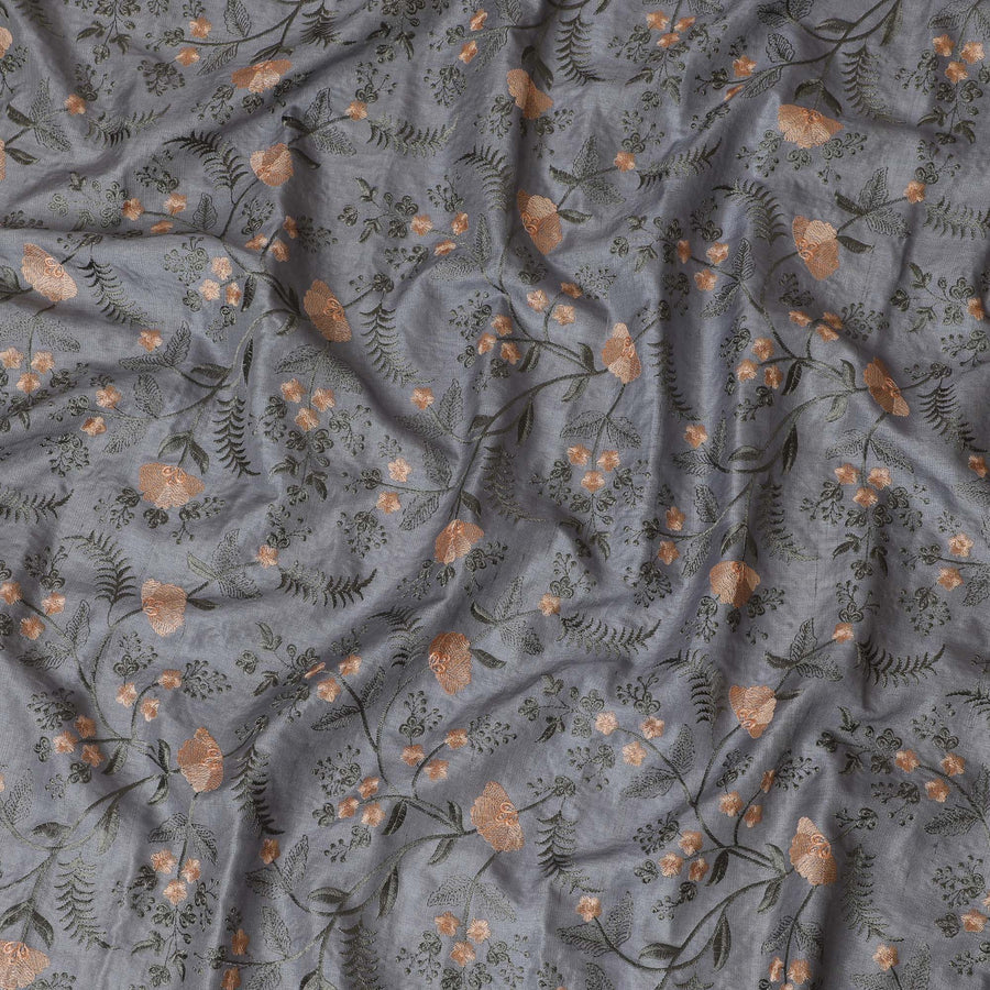قماش حرير توسار رمادي أنيق مع تطريز زهور - عرض 110 سم - D19616