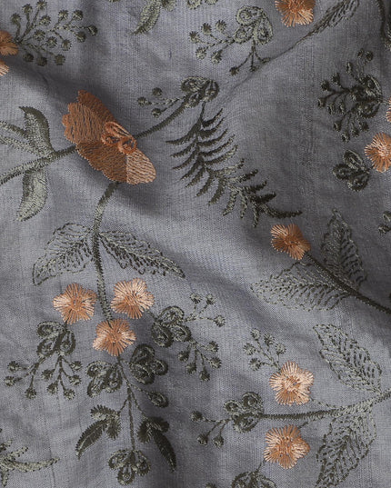 Elegant Grey Tussar Silk Fabric with Floral Embroidery - 110 cm Wide - D19616