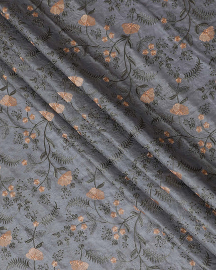 Elegant Grey Tussar Silk Fabric with Floral Embroidery - 110 cm Wide - D19616