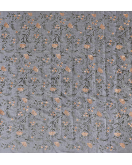 Elegant Grey Tussar Silk Fabric with Floral Embroidery - 110 cm Wide - D19616