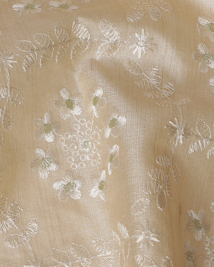 Elegant Gold Tussar Silk Fabric with Delicate Floral Embroidery - 110 cm Wide - D19617