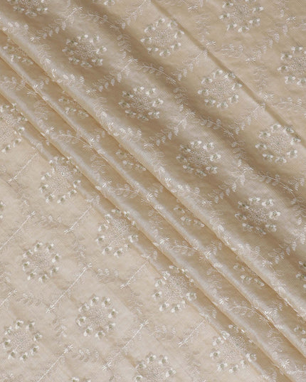 Elegant Gold Tussar Silk Fabric with Delicate Floral Embroidery - 110 cm Wide - D19617