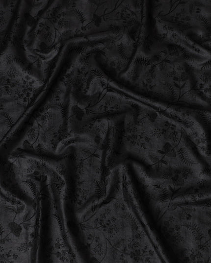 Sophisticated Black Tussar Silk Fabric with Floral Embroidery - 110 cm Wide - D19618