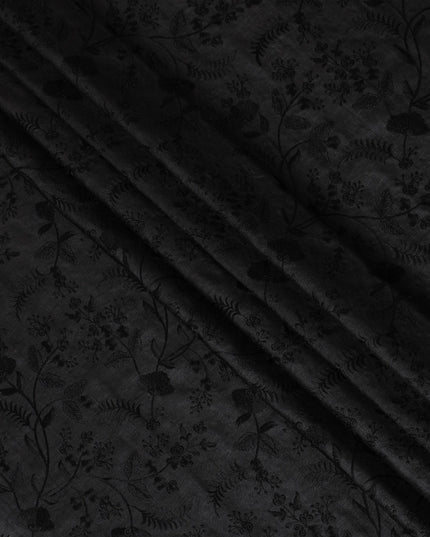 Sophisticated Black Tussar Silk Fabric with Floral Embroidery - 110 cm Wide - D19618