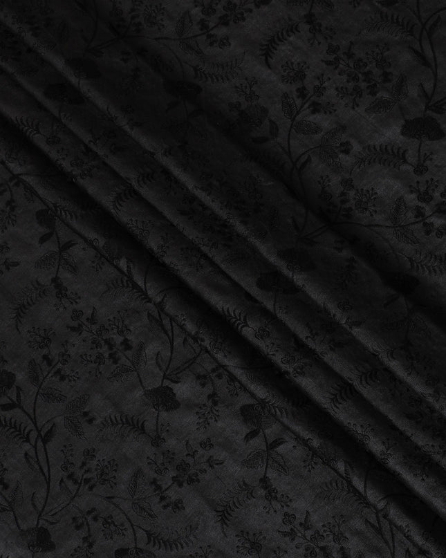 Sophisticated Black Tussar Silk Fabric with Floral Embroidery - 110 cm Wide - D19618