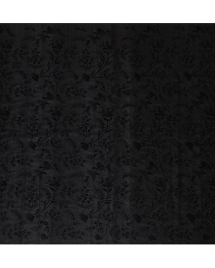 Sophisticated Black Tussar Silk Fabric with Floral Embroidery - 110 cm Wide - D19618