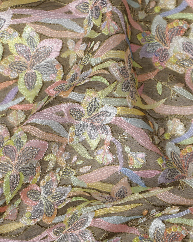 Pastel Floral Embroidered Silk Organza Fabric - 110 cm Wide - D19619