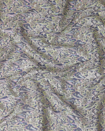 Navy blue Silk Organza Fabric with Pastel Floral Embroidery - 110 cm Wide - D19620