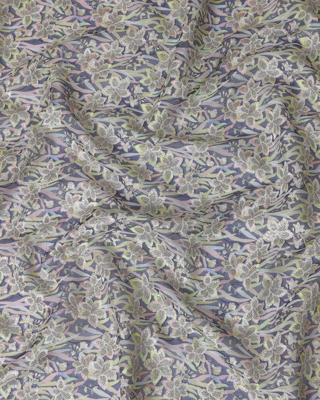 Navy blue Silk Organza Fabric with Pastel Floral Embroidery - 110 cm Wide - D19620