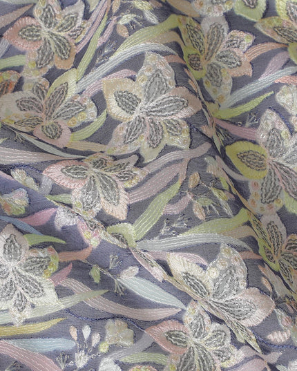 Navy blue Silk Organza Fabric with Pastel Floral Embroidery - 110 cm Wide - D19620