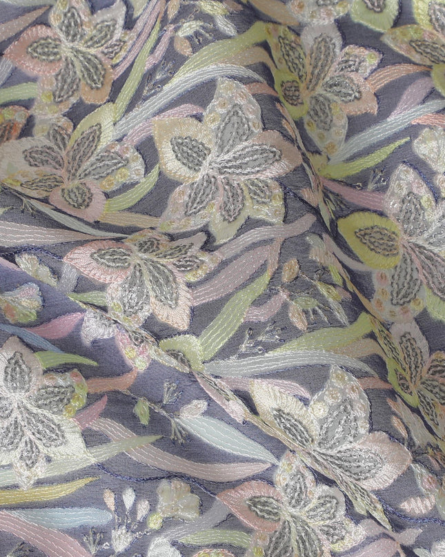 Navy blue Silk Organza Fabric with Pastel Floral Embroidery - 110 cm Wide - D19620