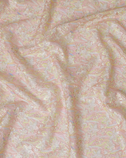 Delicate Pink Silk Organza Fabric with Pastel Floral Embroidery - 110 cm Wide - D19621