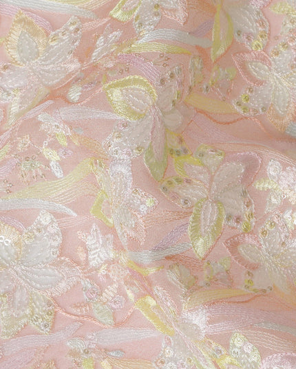 Delicate Pink Silk Organza Fabric with Pastel Floral Embroidery - 110 cm Wide - D19621