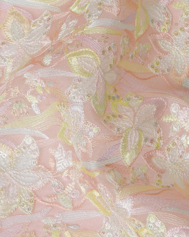 Delicate Pink Silk Organza Fabric with Pastel Floral Embroidery - 110 cm Wide - D19621