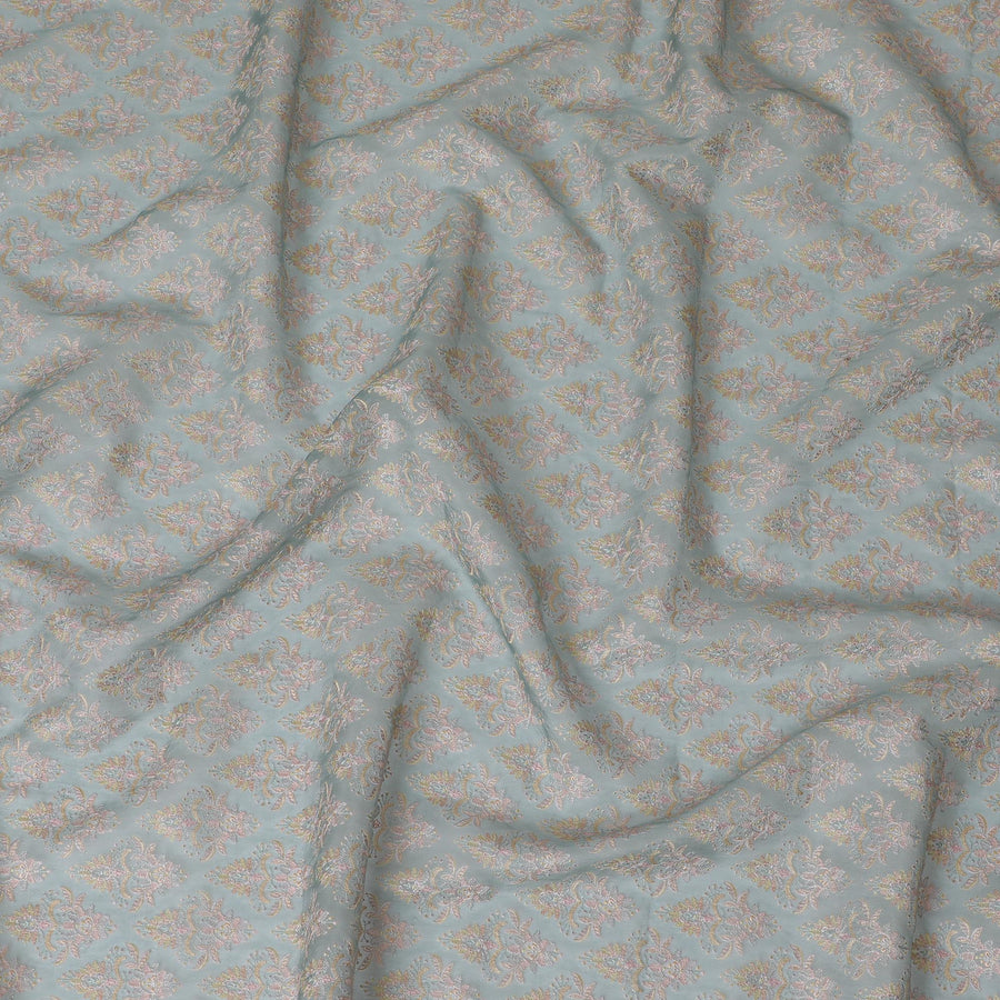 قماش الأورجانزا الحريري باللون الأزرق المائي مع تطريز زهور الباستيل المعقدة - عرض 110 سم - D19622