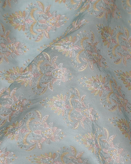 Aqua Blue Silk Organza Fabric with Intricate Pastel Floral Embroidery - 110 cm Wide - D19622