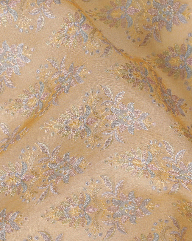 Golden Silk Organza Fabric with Intricate Pastel Floral Embroidery - 110 cm Wide - D19623