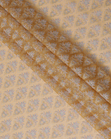 Golden Silk Organza Fabric with Intricate Pastel Floral Embroidery - 110 cm Wide - D19623