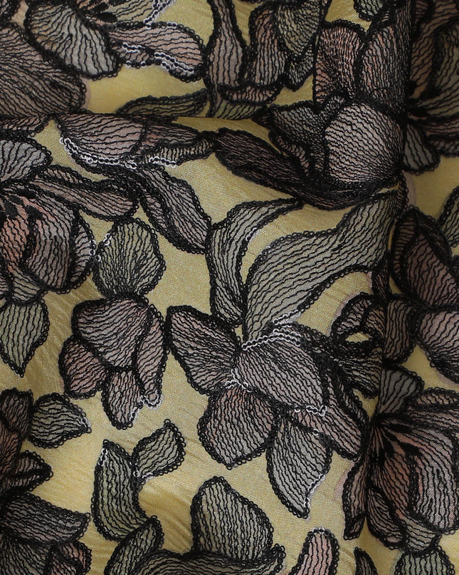 Golden Silk Organza Fabric with Black and Brown Floral Embroidery - 110 cm Wide - D19625