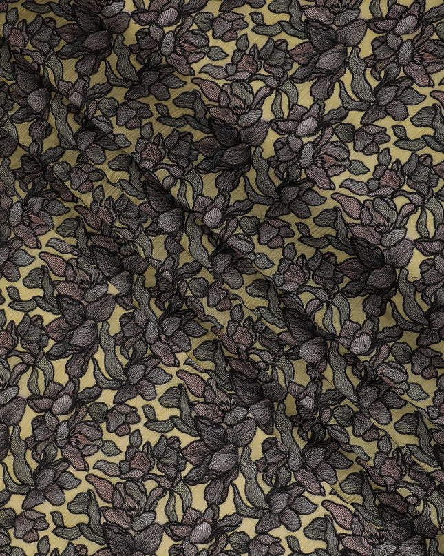 Golden Silk Organza Fabric with Black and Brown Floral Embroidery - 110 cm Wide - D19625