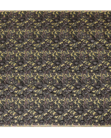 Golden Silk Organza Fabric with Black and Brown Floral Embroidery - 110 cm Wide - D19625