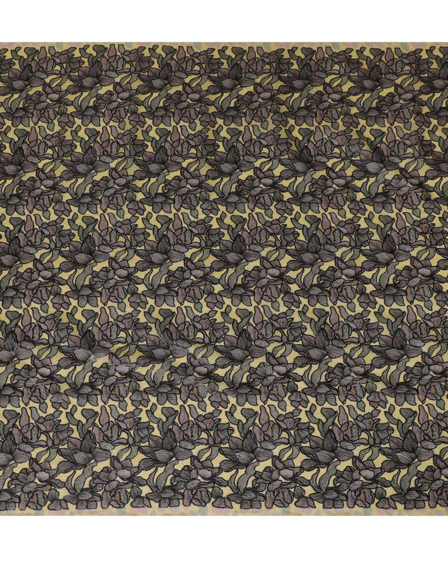 Golden Silk Organza Fabric with Black and Brown Floral Embroidery - 110 cm Wide - D19625