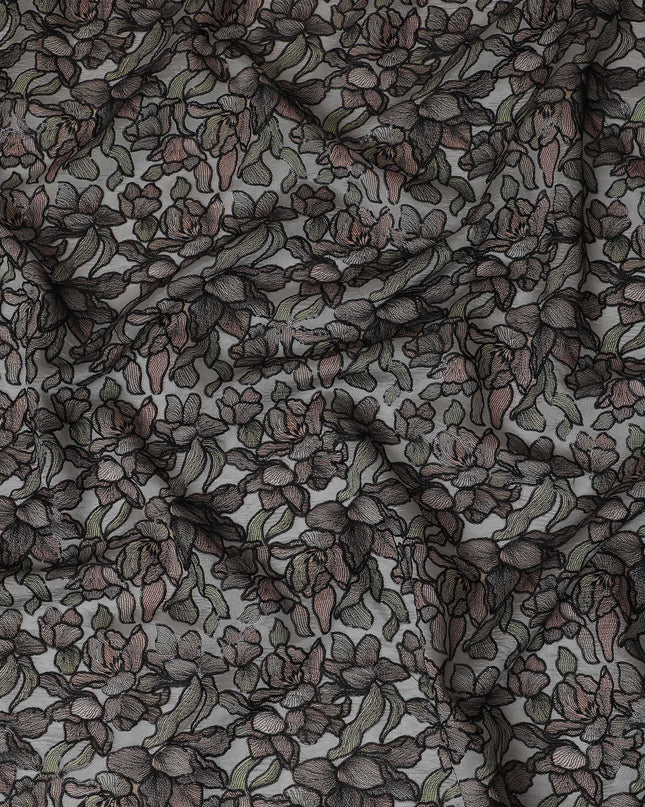 Elegant Grey Silk Organza Fabric with Black and Brown Floral Embroidery - 110 cm Wide - D19626