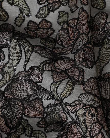 Elegant Grey Silk Organza Fabric with Black and Brown Floral Embroidery - 110 cm Wide - D19626