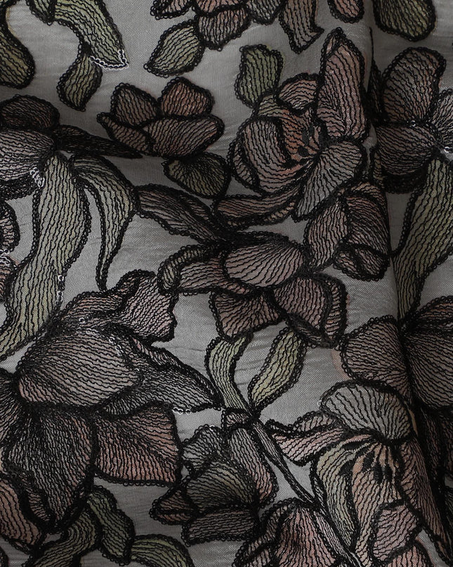 Elegant Grey Silk Organza Fabric with Black and Brown Floral Embroidery - 110 cm Wide - D19626