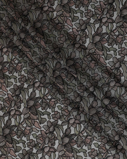 Elegant Grey Silk Organza Fabric with Black and Brown Floral Embroidery - 110 cm Wide - D19626