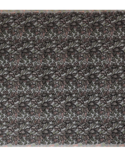 Elegant Grey Silk Organza Fabric with Black and Brown Floral Embroidery - 110 cm Wide - D19626