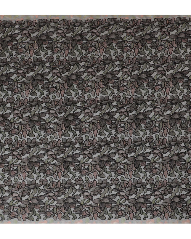 Elegant Grey Silk Organza Fabric with Black and Brown Floral Embroidery - 110 cm Wide - D19626