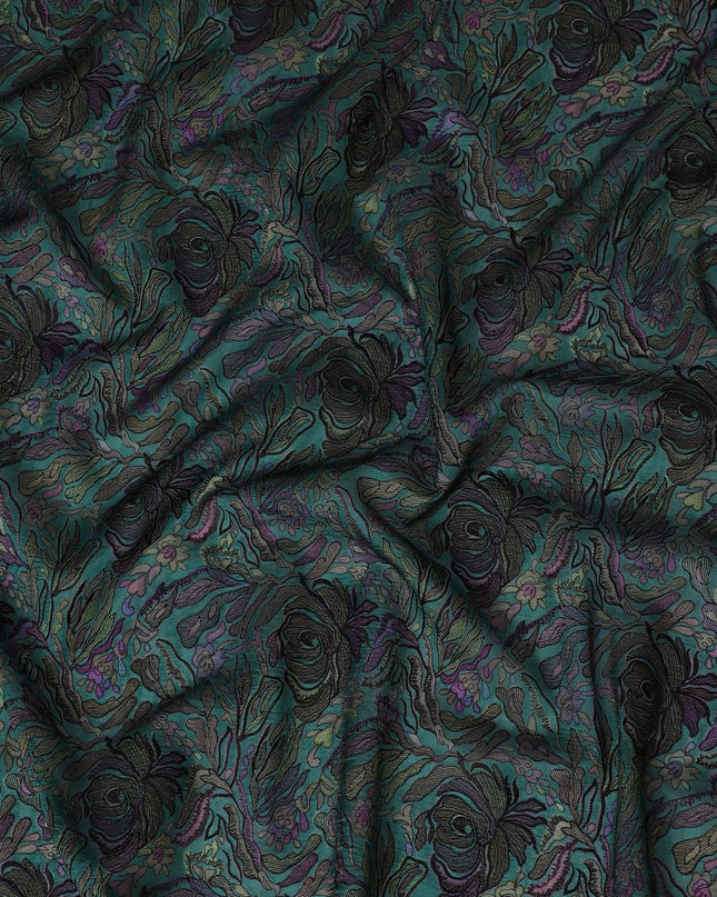 Elegant Teal Silk Organza Fabric with Multicolor Floral Embroidery - 110 cm Wide - D19627
