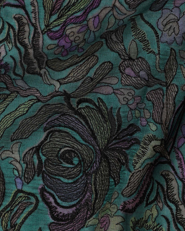 Elegant Teal Silk Organza Fabric with Multicolor Floral Embroidery - 110 cm Wide - D19627