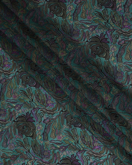 Elegant Teal Silk Organza Fabric with Multicolor Floral Embroidery - 110 cm Wide - D19627
