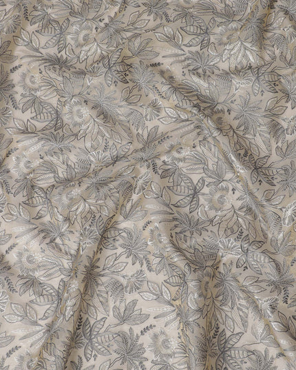Elegant Beige Silk Organza Fabric with Silver Floral Embroidery - 110 cm Wide - D19628