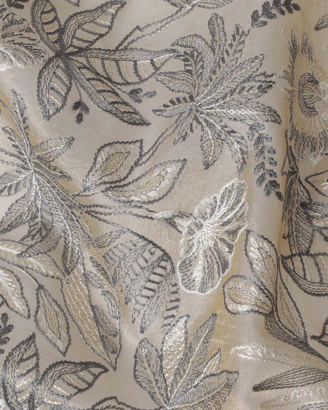 Elegant Beige Silk Organza Fabric with Silver Floral Embroidery - 110 cm Wide - D19628