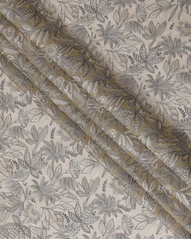 Elegant Beige Silk Organza Fabric with Silver Floral Embroidery - 110 cm Wide - D19628