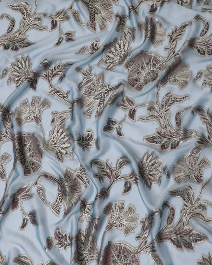 Powder Blue Silk Chiffon (Fransawi) Fabric with Metallic Lurex Floral Design, 110 cm Width-D19731