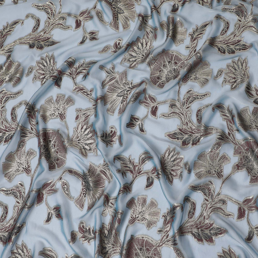قماش شيفون حرير أزرق فاتح (فرنساوي) مع تصميم زهور لوركس ميتاليك، عرض 110 سم -D19731