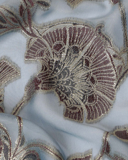 Powder Blue Silk Chiffon (Fransawi) Fabric with Metallic Lurex Floral Design, 110 cm Width-D19731